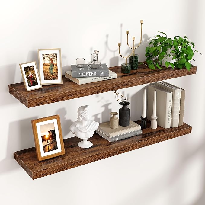36" Wide x 8" Deep Floating Shelves for Wall, Rustic Brown, 2-Pack | Engineered Wood Wall Shelves with Invisible Brackets for Living Room, Bedroom, Bathroom, Office & Kitchen Storage