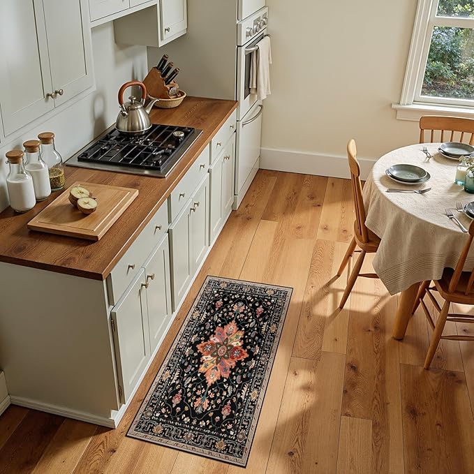 RELEANY Area Rugs 2'x4' Kitchen Rugs Entry Rug Small Rugs for Entryway Kitchen Bathroom Door Mat Indoor Entrance,Washable Non Slip, Black Colorful Floral Dark Tan