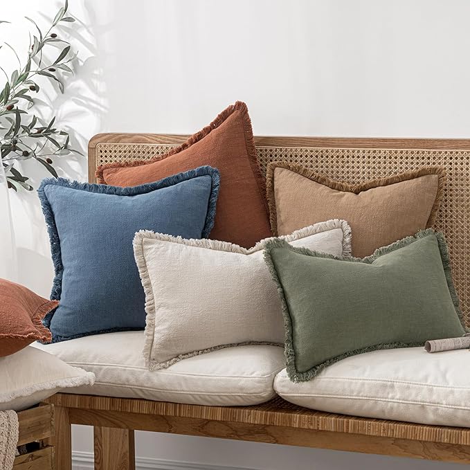 MIULEE Decorative Throw Pillow Covers Neutral Linen Fringe Throw Pillows Set of 2 Blue Ashes Boho Farmhouse Cushion Covers with Tassels for Couch Sofa Bed Spring Home Decor 22x22 Inch