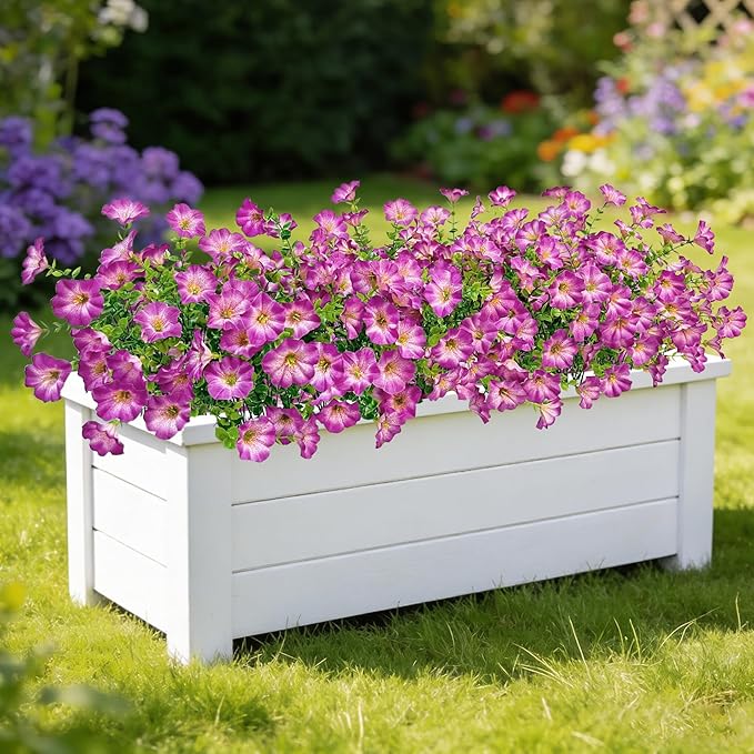 Ouddy Decor 24 Bundles Artificial Flowers for Outdoors, Fake Petunias Flowers Silk Morning Glory with Eucalyptus Faux Plants for Indoor Outside Spring Summer Yard Garden Porch Home Decor, Light Purple