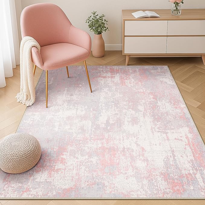 RELEANY Washable Area Rugs 4'x5' Non-Slip Modern Abstract Soft for Living Room Entryway Bedroom Nursery, Print Pattern, Grey Pink