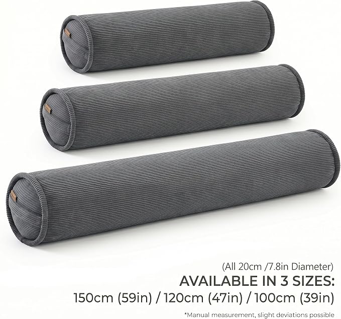 Corduroy Full Body Cylinder Pillow for Adults, Cozy Bolster Pillow for Bed & Sofa, Soft Support Hugging Pillow, 59 x 7.87 Inches, Dark Grey