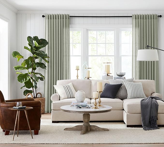 Jowels Sage Green Linen Curtains 54 Inch Long 2 Panels for Living Room | Light Filtering Semi Sheer Curtain, Back Tab Pocket Pleated Look, Boho Farmhouse Textured Privacy Drapes for Bedroom Window