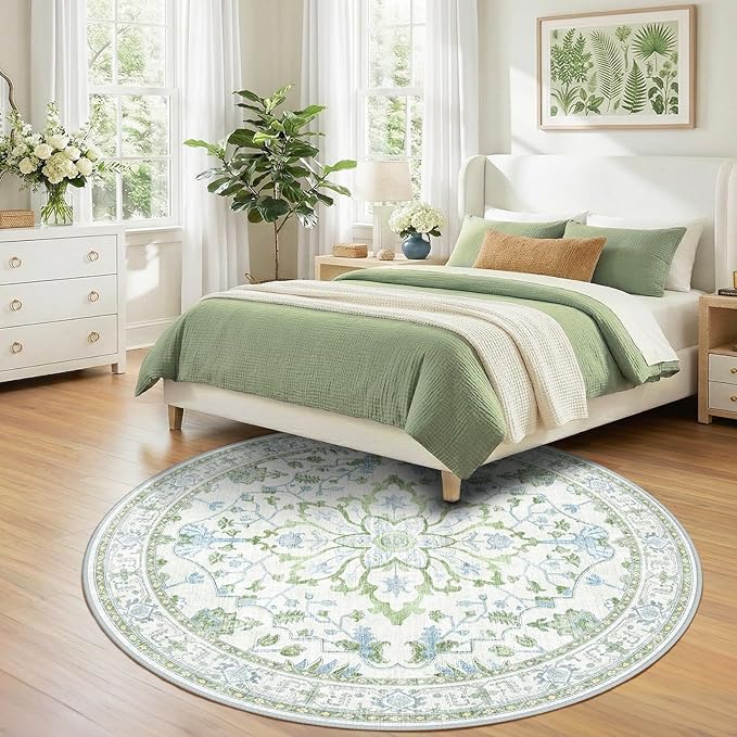 RELEANY Area Rugs Round 7ft Washable Non-Slip, Floral Vintage Distress Print Pattern Medallion Carpet for Living Room Bedroom Dining Room, Green White Blue