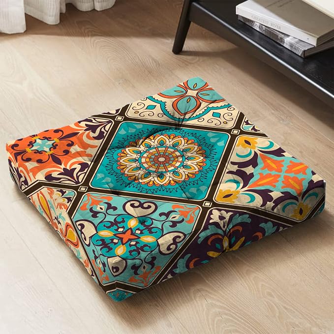 Mandala Meditation Cushion, Boho Meditation Mat, Meditation Pillows for Sitting on Floor, Cushions for Sitting in Home and Outdoor, Square Floor Pillow Cushion Seating for Yoga Accessories 22'' X 22''