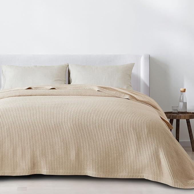 100% Cotton Taupe Blanket King Size for Bed - Breathable and Soft, Waffle Weave for Summer Spring, 102x90 Inches (Oatmeal)
