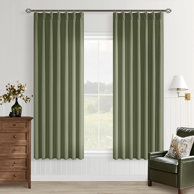 Pinch Pleat Olive Green 63 Inch Curtains for Bedroom Rustic Linen Blend Viral Pleated Light Filtering Privacy Small Window Curtain Back Tab Loden Moss Green Semi Sheer Drapes 2 Panels 63 Inch Length
