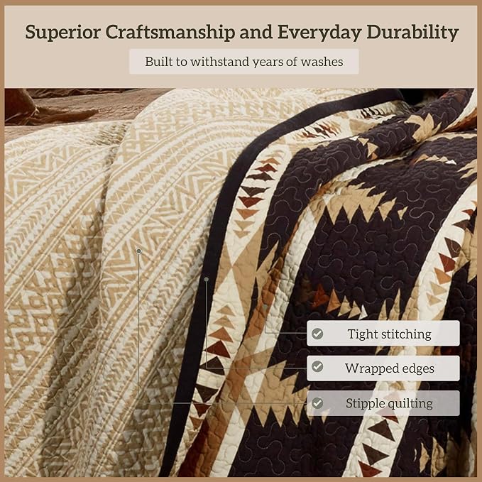 Paseo Road Yosemite Western Bedding 3 Piece Quilt Set with Pillow Shams, Queen Aztec Bedding Set, Tribal Southwestern Bedding, Geometric Pattern Cotton Reversible Bed Set
