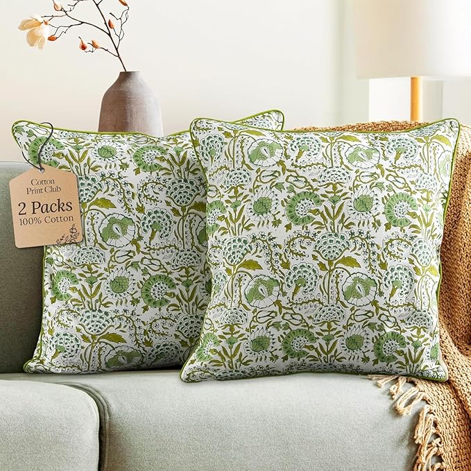 CPC 100% Cotton Throw Pillow Covers 16X16 Green Block Print Pattern Couch Pillow, Cute Boho Decorative Pillows for Living Room, Bedroom with Hidden Zipper- Agate Green