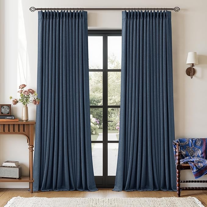 Navy Blue 108 Inch Pinch Pleated Blackout Linen Curtains for Bedroom 2 Panels Memory Trained 100% Black Out Soundproof Room Darkening Window Curtains Double Layer Pinch Pleat Drapes