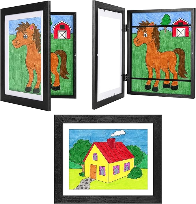 3-Pack Black Woodgrain Kids Art Frames - 10x12.5 with Mat, 8.5x11 Without Mat, Changeable Front Opening, Holds Drawings, Crafts, Artwork