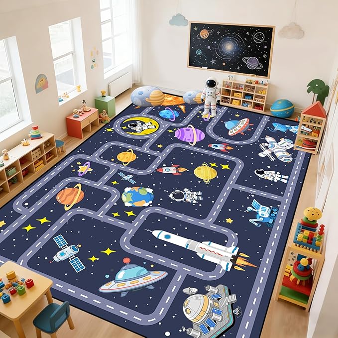 Space Rug for Boys Room 4.5x6 Feet, Non Slip Kids Area Rug with Solar System Planets and Astronaut Pattern, Galaxy Educational Carpet for Bedroom Nursery, Toy Cars Activity Zone