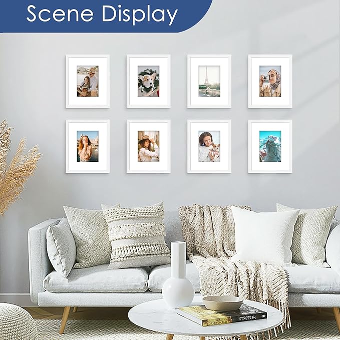 PEALSN 8x10 Picture Frame Set of 6, Display Pictures 5x7 with Mat or 8x10 without Mat for Wall Mounting or Table Top Display, Photo Frames Collage for Wall Decor, White.