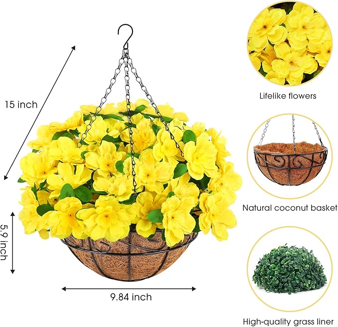 Ouddy Decor Artificial Hanging Flowers with Basket, Silk Azalea Flowers in Coconut Basket, Fake Hanging Plants Artificial Decor for Outdoor Indoor Yard Garden Patio Home Room Porch Decor (Yellow)