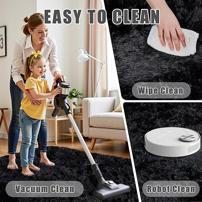 5x7 Area Rug for Living Room:Ultra Soft Fluffy Shag Black Rugs,Large Fuzzy Plush Indoor Non Slip Carpet Washable Rug for Bedroom Kids Nursery Office Dorm Modern Decor(Black 5'x7')