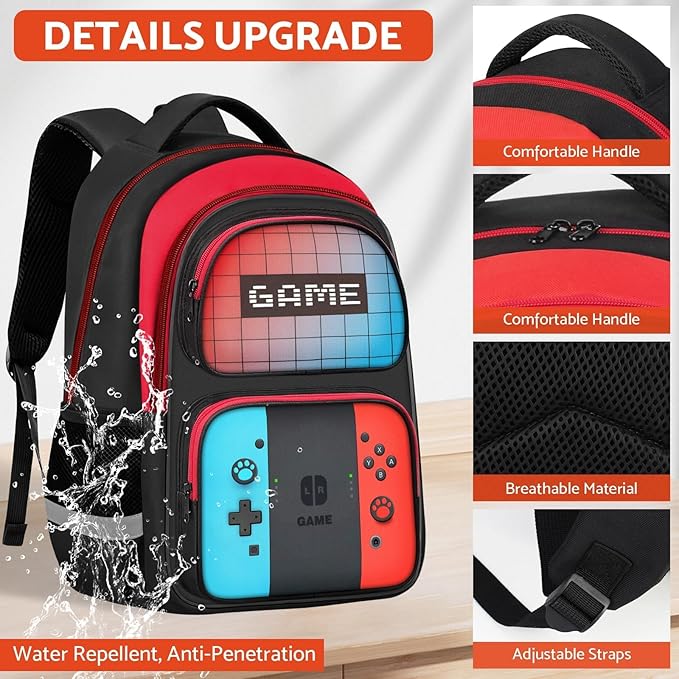 TILYTADLY School Backpack for Boys - 3pcs Gamer Boys Backpack with Lunch Box and Pencil Case for Kids Children Teens Elementary Middle School - HFHTDC Video Game Bookbag 17″ Large Capacity