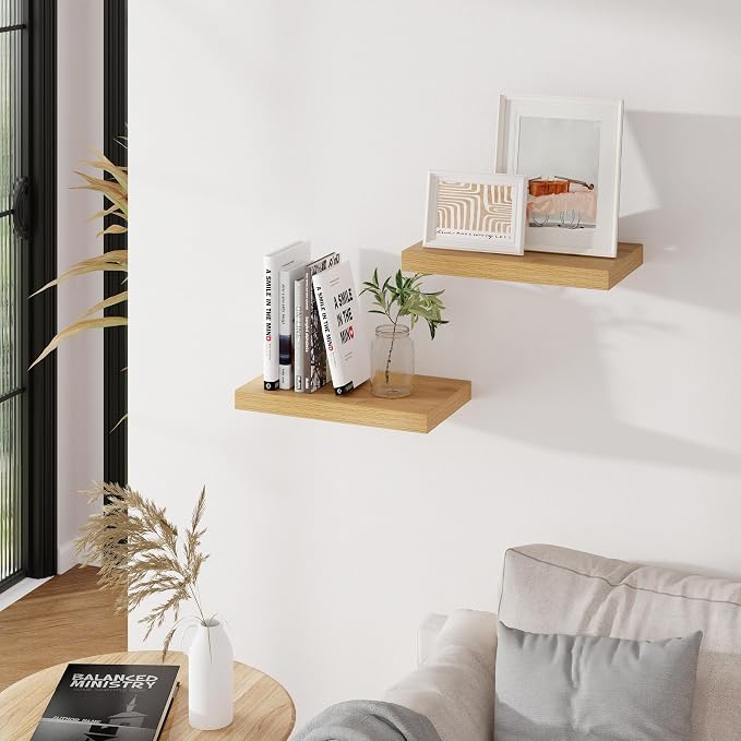 Oak Floating Shelves for Wall, 16 inch Floating Wall Shelves 9.3in Deep Wooden Shelving Book Shelves for Living Room Bathroom Bedroom Kitchen Storage & Organizer, 16 x 9.3 x 1.5 in, 2 Packs