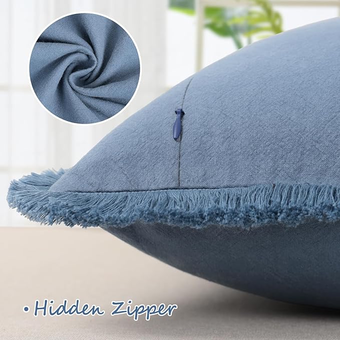 ZWJD Pillow Covers 22x22 Set of 2 Blue Throw Pillow Covers with Fringe Chic Cotton Decorative Pillows Square Cushion Covers for Sofa Couch Bed Living Room Farmhouse Boho Decor