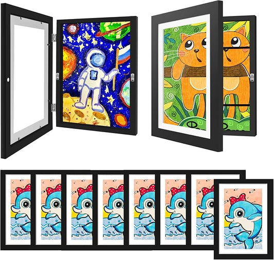 8 Pack Kids Art Frames 8.5x11 Inch Kids Artwork Flip Frame Changeable for Picture Display, Children School Drawing Projects Storage, Horizontally Vertically Wall Hanging, Front Opening, Black