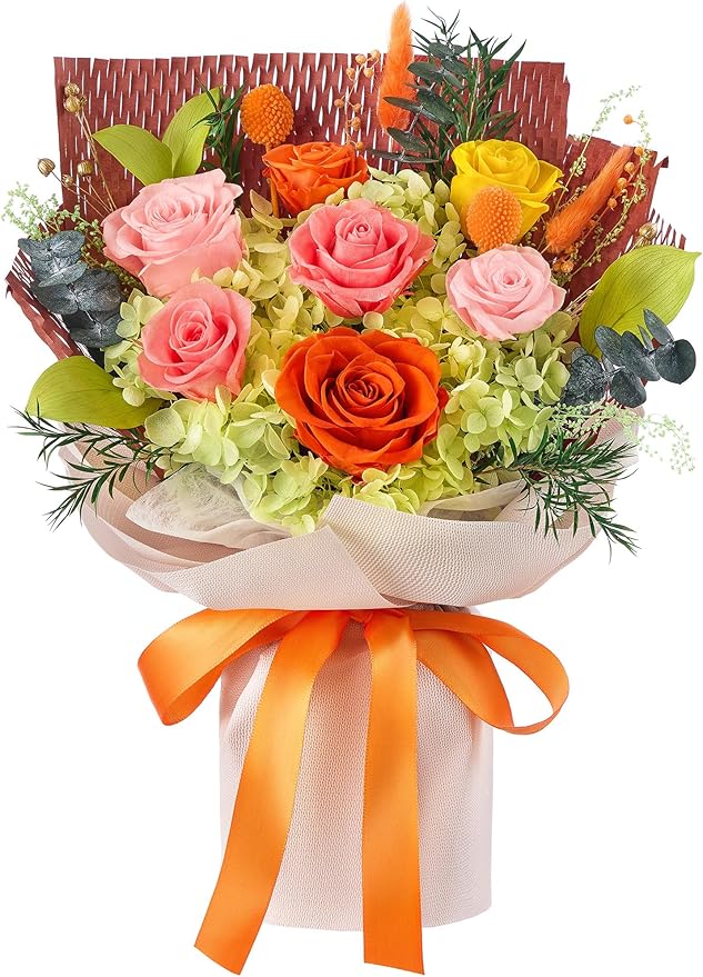 Flomoon Forever Flowers Gifts for Mom, Mothers Day Preserved Flowers Bouquet Birthday Gifts for Her, Preserved Roses for Grandma Wife Anniversary Valentines Day Christmas (7Roses, Orange)