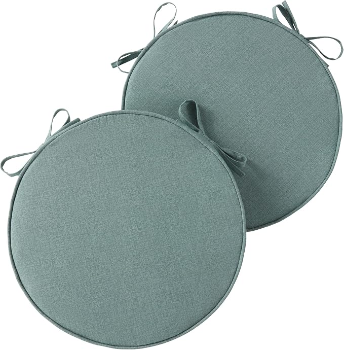 Set of 2 Outdoor 18 inch Round Patio Dining Chair Pads – Comfortable Fiber-Filled Seat Cushions with Ties, Reversible Polyester Fabric, Seaglass