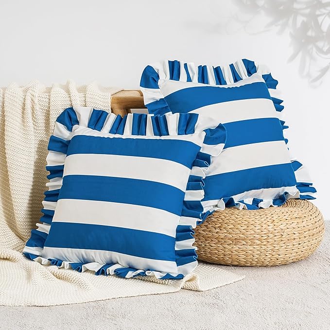 MONDAY MOOSE Decorative Throw Pillow Covers, Set of 2 Water-Resistant Striped Design with Ruffle Edge for Outdoor/Indoor Use, Pillow Inserts Not Included (22x22 inch, White/Blue)