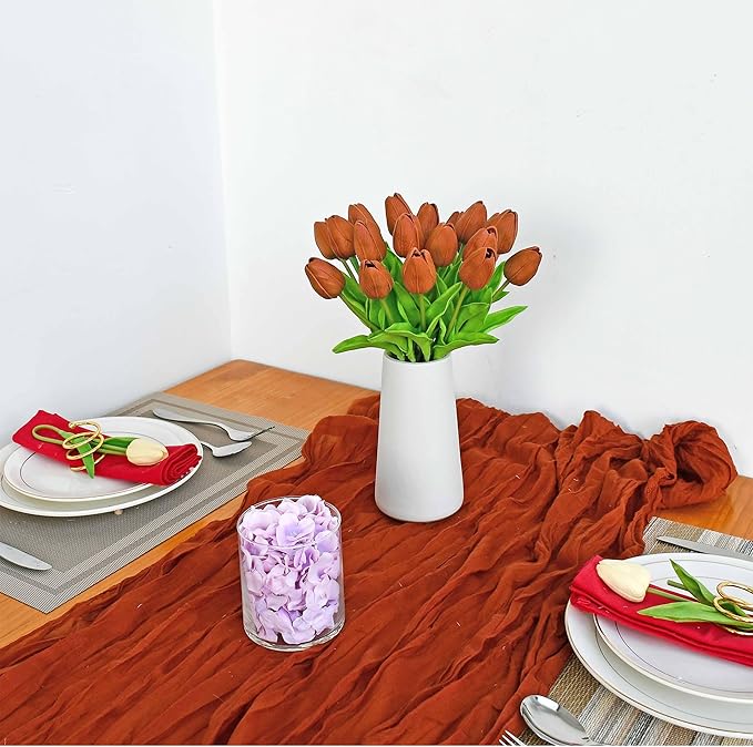 Mandy's Burnt Orange Artificial Tulips Flowers Centerpiece, 13.5" Lifelike PU Fake Floral Stems 20pcs for Kitchen Island & Dining Table, Spring Decor for Easter