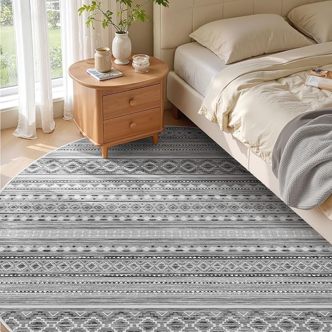 cotiled 8x8 Round Area Rug Living Room: Washable Boho Rugs with Non Slip Backing Large Soft Indoor Stain Resistant Carpet for Bedroom Farmhouse Dining Room Lightweight Home Decor Beige Grey
