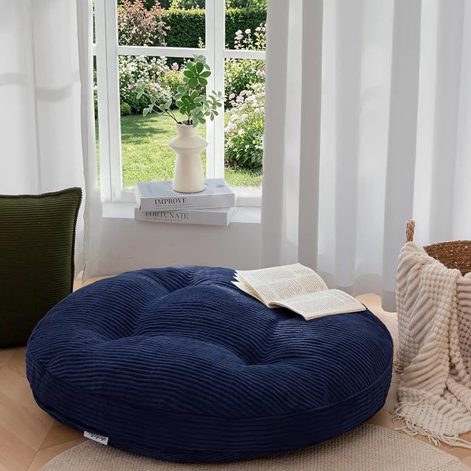 HIGOGOGO 35" Floor Pillow Cushion for Adults, Meditation Cushion Pillow, Extra Large Square Floor Sitting, Tufted Corduroy Cover for Tatami Living Room or Yoga, Navy