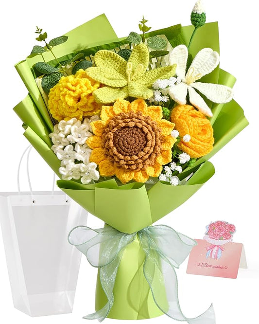 Alecono Crochet Flower Bouquet, Green Knitted Flowers, Crochet Sunflowers for Mother's Day Anniversary Birthday Graduation Lover Valentine Day Gifts (with Card)