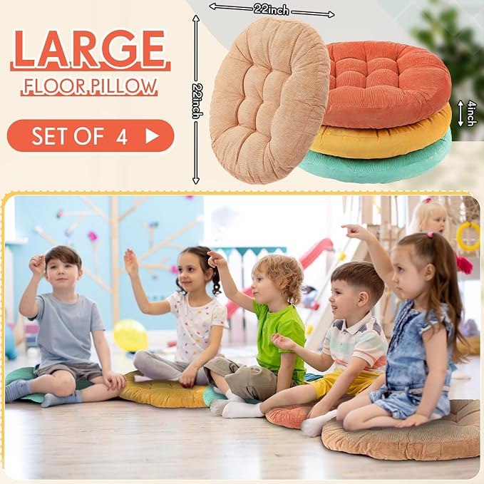 Jerify 4 Pcs Floor Pillow Cushions Large Round Square Large Meditation Floor Pillow for Classroom Adult Meditation Picnic Party Seating Learning Daycare School (Round,Yellow Green)