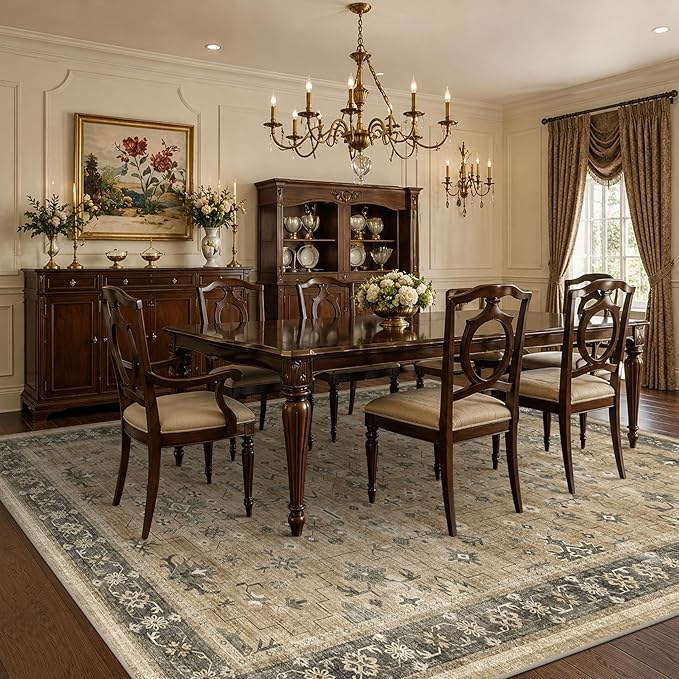 Vintage Taupe Sage 10x12 Rug for Living Room - Washable Dining Room Rugs for Under Table, Low Pile Non-Slip Carpet for Bedroom - Natural Earthy & Boho Eclectic Home Decor