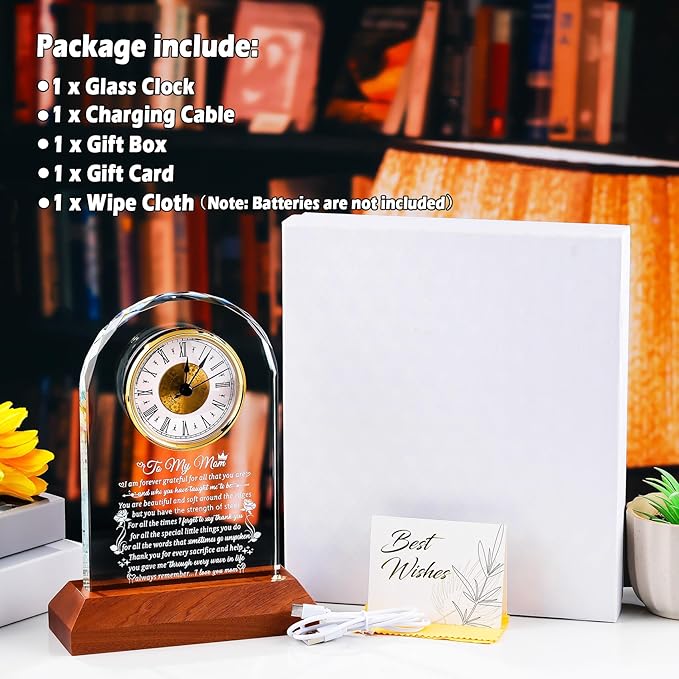 Arikyrist Glass Clock Gifts for Mom from Daughter Son with Wooden Light Base, Personalized Gift for Mom Who Has Everything on Birthday Mother's Day, Present for Mother on Christmas Home Desk Clock