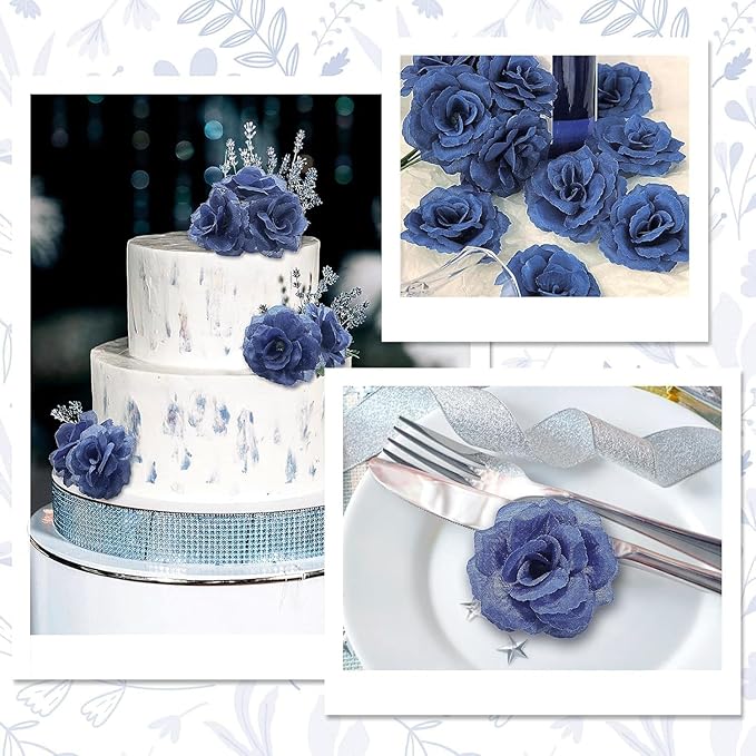 LELEE 108 Pcs Artificial Flowers Fake Silk Roses Long Stem Rose Bouquet Wedding Party Home Decor for DIY Baby Shower Centerpieces Tables Home Decorations(Navy Blue)