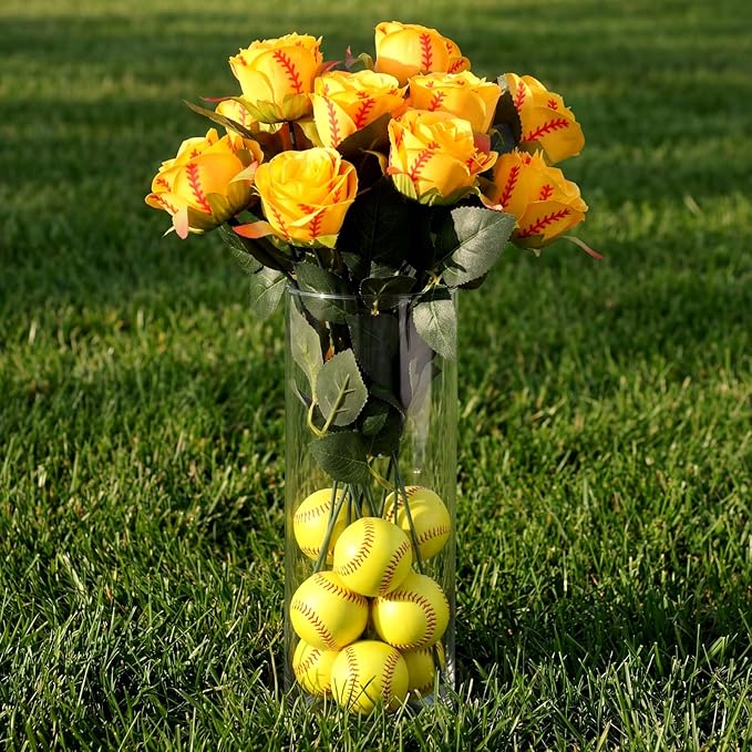 Suncalla 12 Pcs Softball Rose with Leaves Bulk Artificial Fake Roses Decor Sports Flower Gifts for Table Centerpieces Graduation Wedding Gifts Sports Theme Rose Bouquet Party Favors