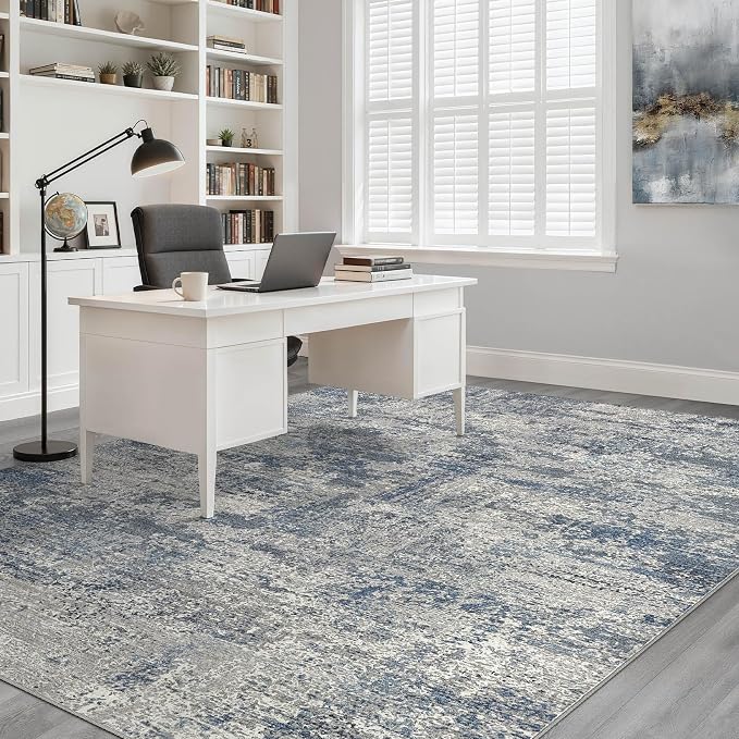 8x10 Area Rugs Living Room: Washable Large Neutral Rug Abstract Soft Modern Stain Resistant Indoor Floor Non-Slip Carpet for Bedroom Nursery Kids Office Playroom Dining Room Under Table- Blue Gray