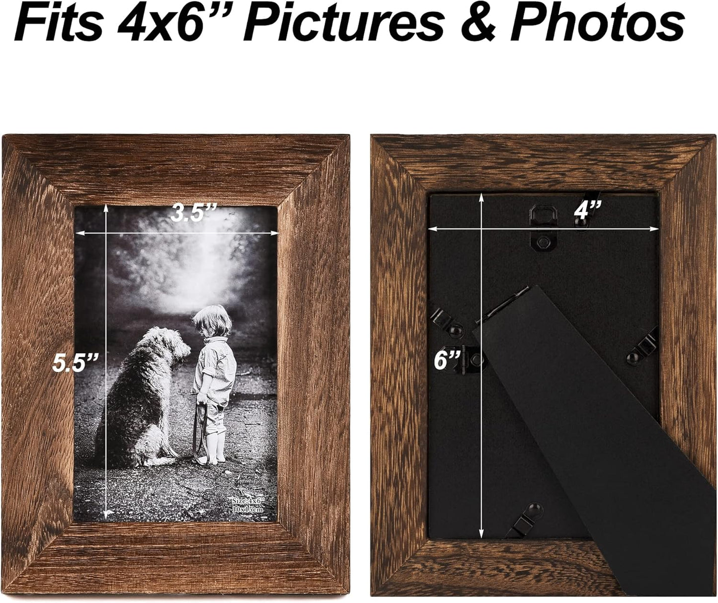 Yaetm-4x6 Picture Frame Set of 2, Natural Solid Wood Distressed Photo Frame, Display On Tabletop And Wall, High Definition Real Glass, Carbonized Black (2 pack)