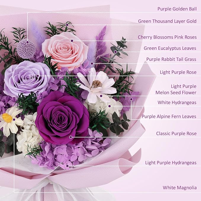 Flowers for Delivery Prime Preserved Flowers Bouquet with Vase That Last 3-5 Years Real Forever Flowers Purple Rose Bouquet for Mom Mother Women Wife Friends Birthday Mothers Day Gifts