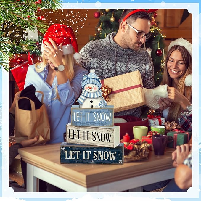 Lineshading 4 Pcs Winter Table Decoration Blue and White Snowman Decor Winter Tiered Tray Decor Christmas Centerpiece Decorative Wooden Snowman Block Sign Gift Christmas Decoration for Home Kitchen