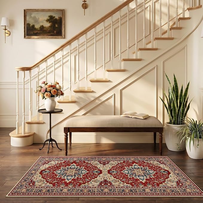 RELEANY Area Rugs Runner 2'6"x5' Washable Non-Slip, Floral Vintage Distress Medallion Carpet for Kitchen Hallway Bedroom Beside Laundry Room Bathroom, Red Blue