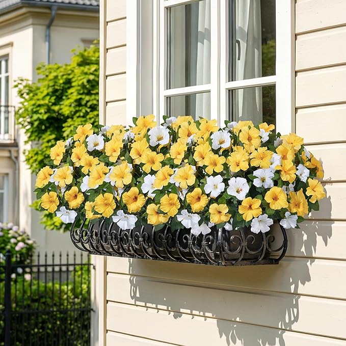 HyeFlora Artificial Flowers for Outdoors 4PCS Faux Petunias Silk Fake Flowers for Outside Planter UV Resistant Realistic Home Garden Porch Decor (Yellow 4branches)