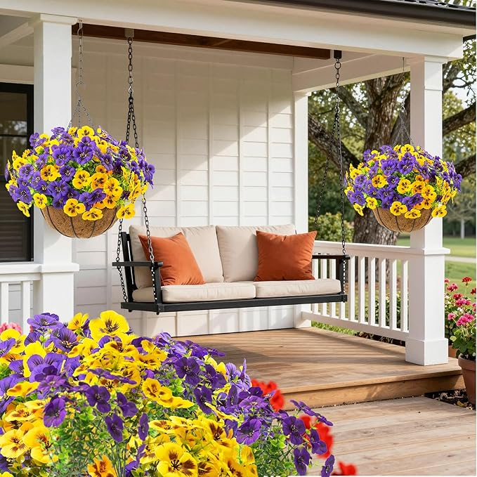 lovemoon 2 Sets Artificial Hanging Flowers with Baskets, 24 Pcs UV Resistant Faux Silk Pansies Outdoor Flower Pots for Porch Patio Garden Home Spring Summer Decor (2, Yellow,Puple)
