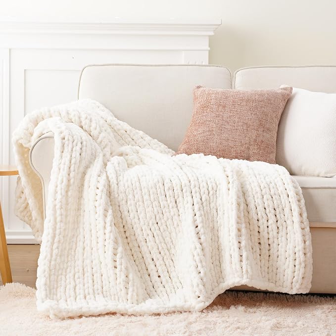 Battilo Cream Chunky Knit Throw Blanket, Soft and Thick White Chenille Throw Blanket, 50"x60" Handmade Cable Knit Crochet Blanket, Knot Knitted Throw Blankets for Couch Home Decor, Cream