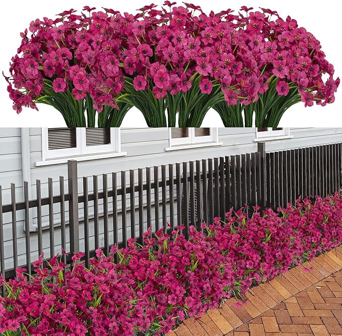 LikSoor 21 Bundles Artificial Outdoor UV Resistant Flowers No Fade Fake Outside Flowers Plastic Greenery Faux Shrubs Garden Porch Window Box Home Decoration(Rose Red)