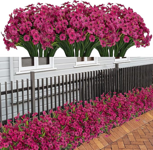 LikSoor 21 Bundles Artificial Outdoor UV Resistant Flowers No Fade Fake Outside Flowers Plastic Greenery Faux Shrubs Garden Porch Window Box Home Decoration(Rose Red)