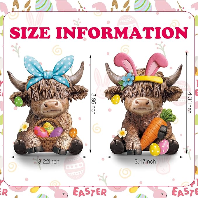 Karenhi 2 Pcs Easter Highland Cow Figurines Bunny Eggs Basket Highland Cow Gnomes Pink Rabbit Scottish Resin Statue Calf Lovers Gifts for Spring Home Kitchen Office Tiered Tray Table Decor