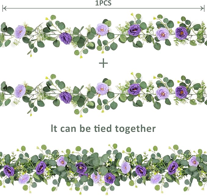 TOCHGREEN 4 Pack Artificial Eucalyptus Flower Garland with Purple Roses, Fake Rose Flower Greenery Garland Floral Vines for Wedding Home Party Table Runner Decor (Purple, 4PCS)
