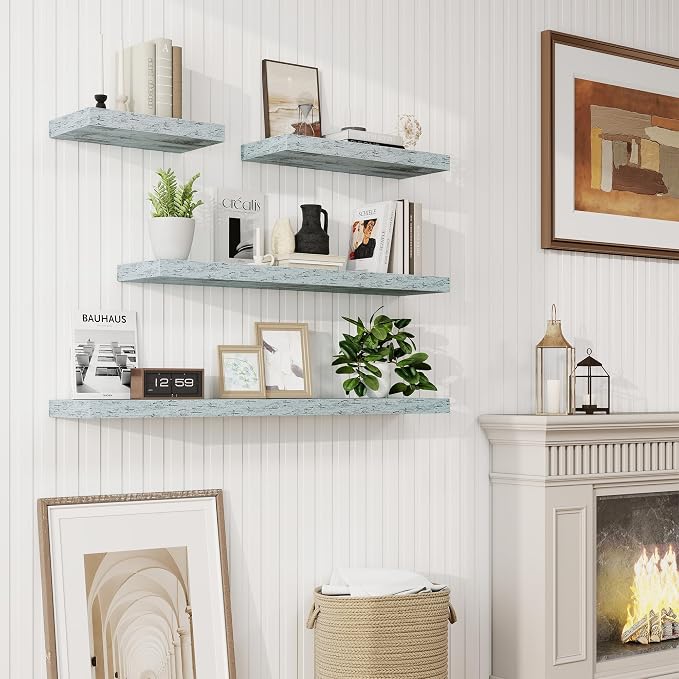30in Floating Shelves for Wall, 30"W x 9.25"D x 1.25"H, 2 Pack Long Wall Mounted Engineered Wood Shelves with Invisible Brackets for Living Room, Bedroom, Bathroom, Kitchen Decor and Storage, Blue