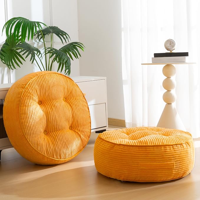 HIGOGOGO 8" Extra Thick Floor Pillow Cushion for Adults, Meditation Cushion Pillow, Large Round Floor Sitting, Tufted Corduroy Cover, for Tatami Living Room or Yoga, 22x22 Inch, 2Pack, Orange