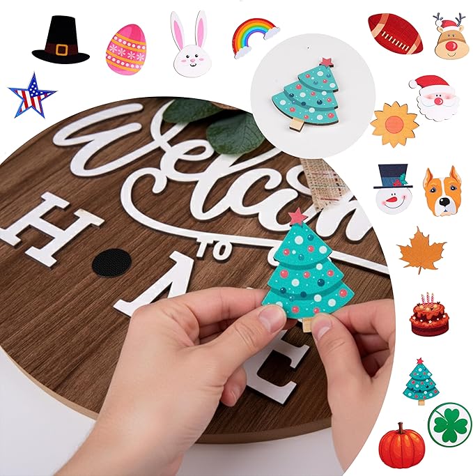 CondorPasea Interchangeable Welcome Door Sign with 16 Different Replaceable Patterns - 12" Round 3D Rustic Wooden Front Porch Decor, Artificial Leaves & Rustic Beads, Farmhouse/Classroom All Seasons Holiday (Christmas Halloween) Welcome Home Hanging Sign